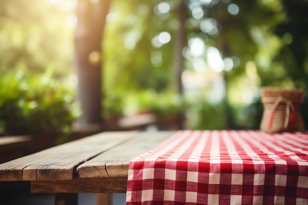 Red Checked Tablecloth on Wooden Background with Green Courtyard Blur Summer Picnic Concept AI