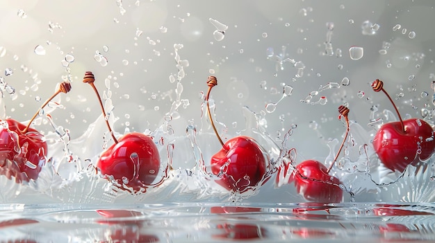 Red cherries captured in flight high resolution with water splashes in subdued berry colors white background