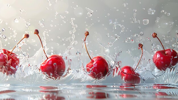 Photo red cherries captured in flight high resolution with water splashes in subdued berry colors white background