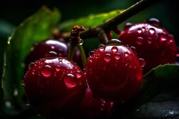 Red cherries on a green leaf