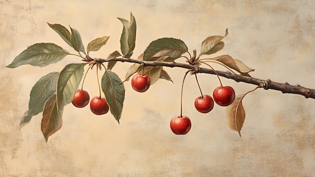 Photo red cherries hanging on a branch with green leaves against a beige textured background