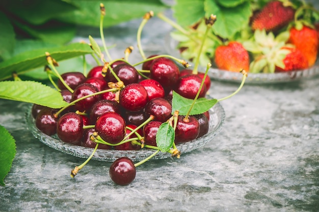 Red cherries. Selective focus. Food and drink.