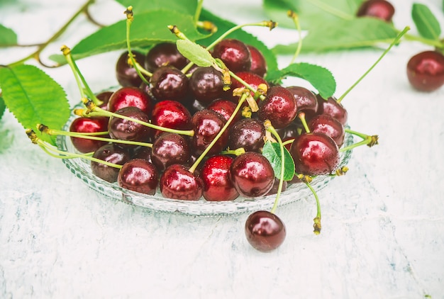 Red cherries. Selective focus. Food and drink.