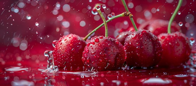 Red cherries in water with splashes and drops on a red background