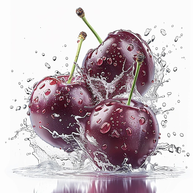 a red cherries with water splashing in the air