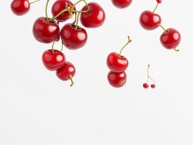 red cherry berries levitate on a white background