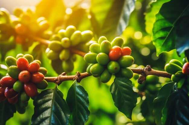 Red Cherry coffee beans on the branch of coffee plant