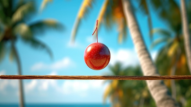 A red cherry hangs on a rope with palm trees in the background.