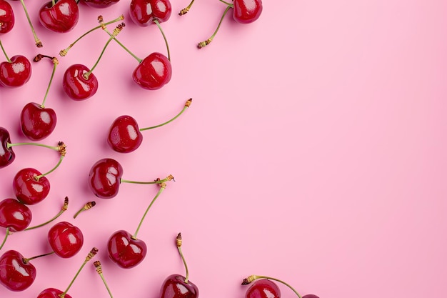 Red Cherry on Pink Background with Ripe Berries Flat Lay