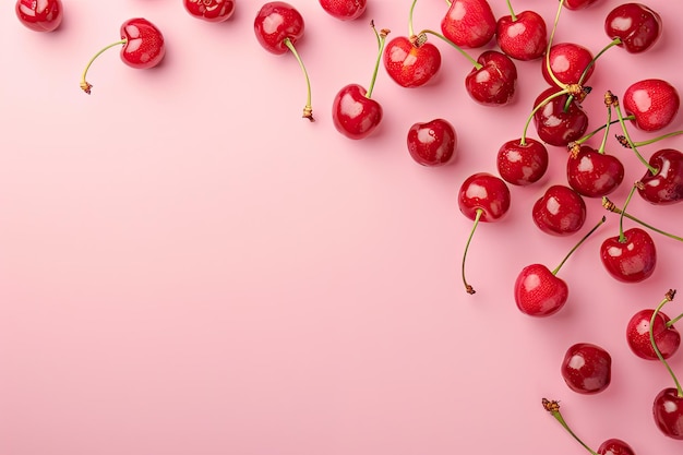 Red Cherry on Pink Background with Ripe Berries Flat Lay