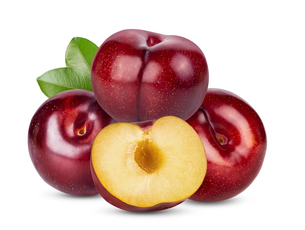 Red cherry plum with leaf isolated on white background. full depth of field