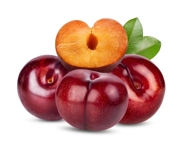 Red cherry plum with leaf isolated on white background. full depth of field