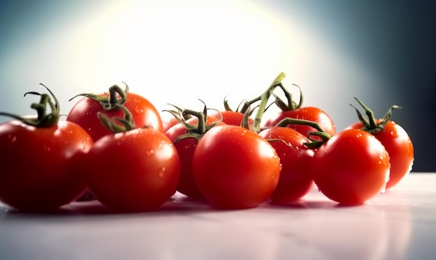 Red cherry tomatoes with the drops of water on Tasty vegetables on white surface Generative AI