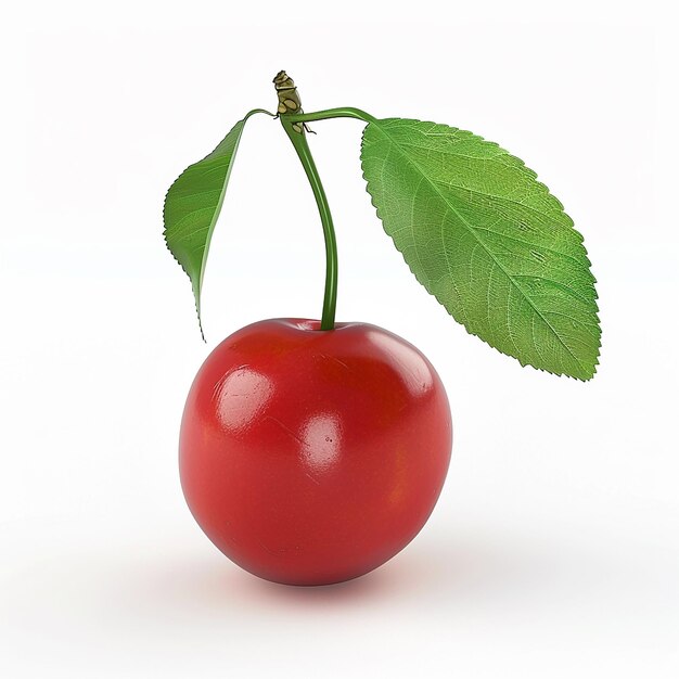 a red cherry with a green leaf on it is shown