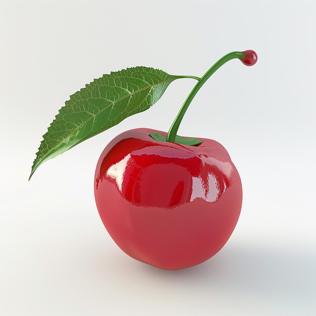 a red cherry with a leaf on it is on a white background