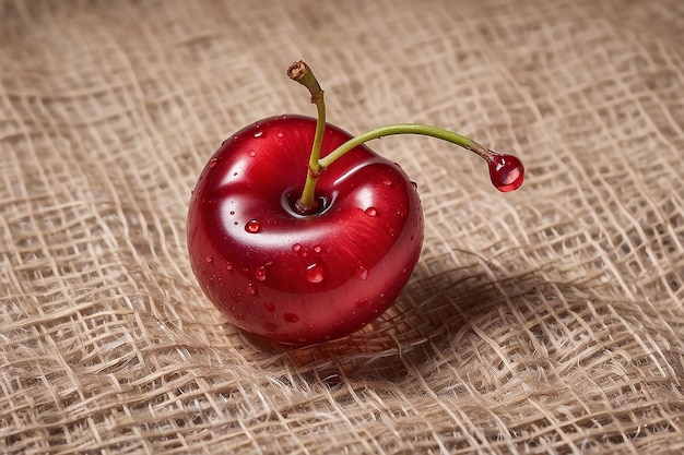 Photo red cherry with water drop on the sackcloth