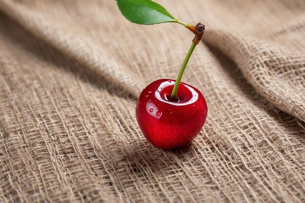 Photo red cherry with water drop on the sackcloth