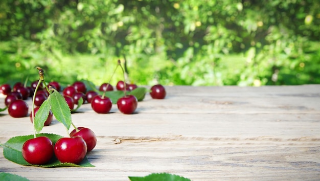 Red cherry on a wooden table against the backdrop of an orchard