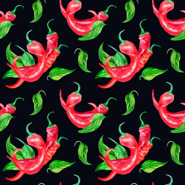 Red chili hot peppers and green leaves watercolor seamless pattern isolated on black