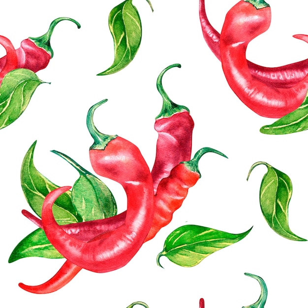 Red chili hot peppers and green leaves watercolor seamless pattern isolated on white