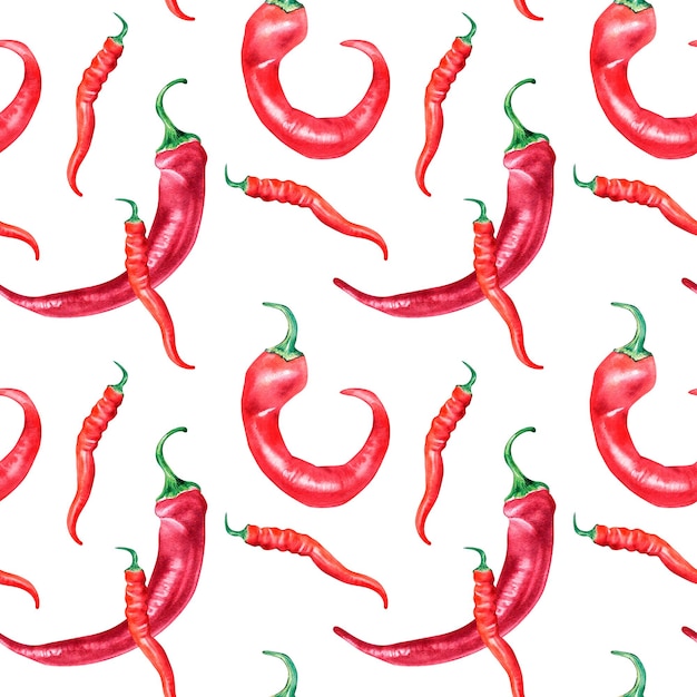 Red chili hot peppers watercolor seamless pattern isolated on white background