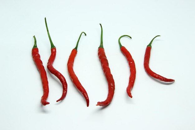 Red chili pepper are lined up on white background