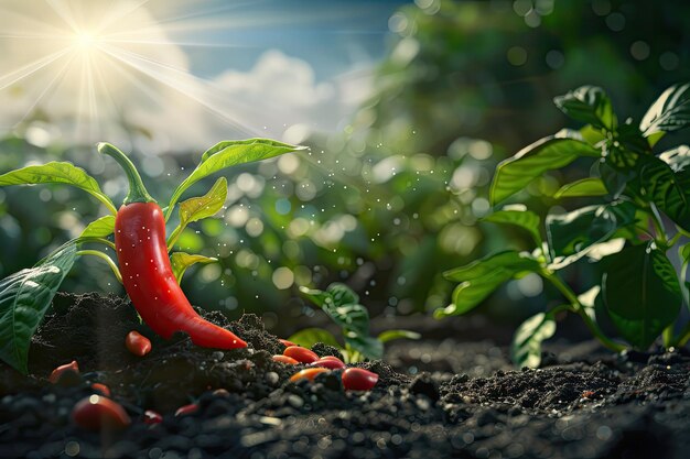 Red Chili Pepper Growing on a Sunlit Bio Farm