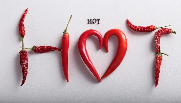 Photo red chili pepper heart with the word hot perfect for valentine s or spicy food lovers