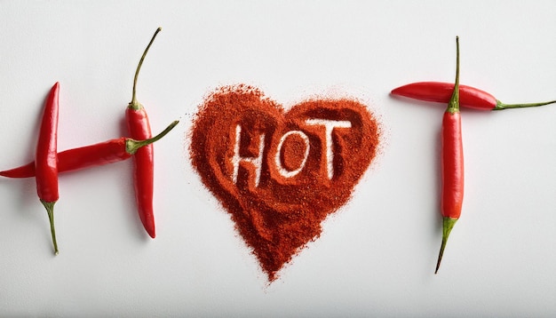 Photo red chili pepper heart with the word hot perfect for valentine s or spicy food lovers