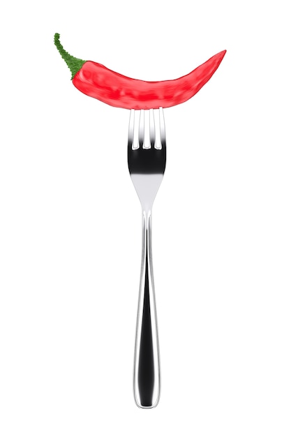 Red Chili Pepper Stuck with Chrome Fork on a white background. 3d Rendering