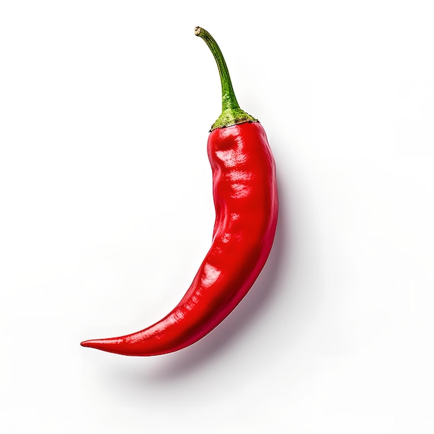 A red chili pepper with green leaves and a green stem.