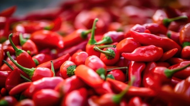 Red chili peppers are stacked on top of each other.