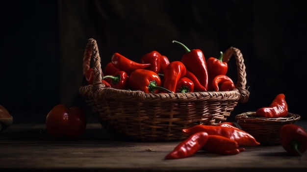 Red chili peppers in a basket on a wooden table