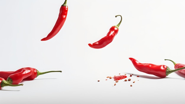 Red Chili Peppers Falling on a White Background