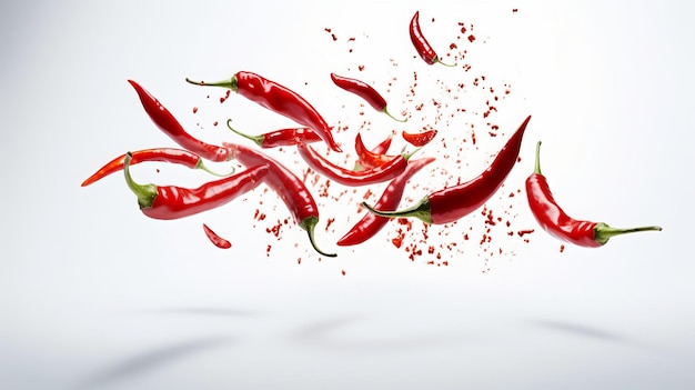 Red Chili Peppers Falling on a White Background