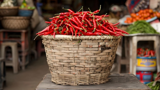 Red Chili Peppers in a Wicker Basket at a Market Stall