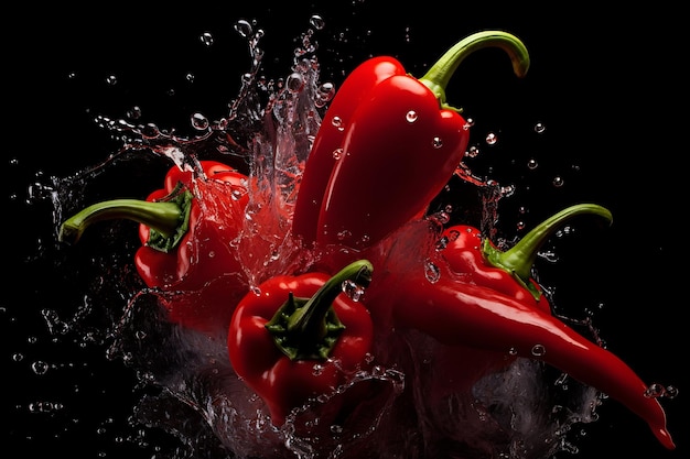 Red chili peppers with water splashes