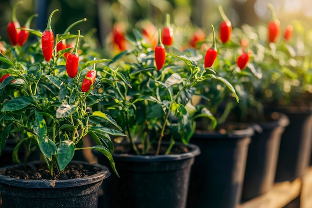 Photo red chilies grown in pots