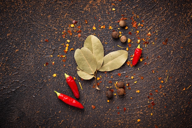 Red chilli pepper and bay leaf