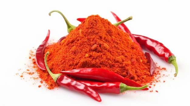 Red chilli powder in a pile on a white background