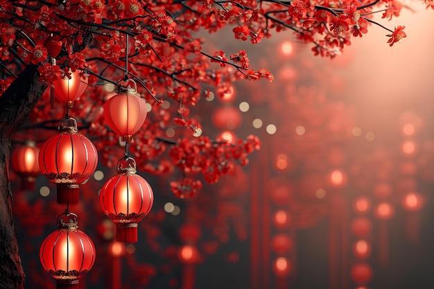 Red chinese lanterns hanging from a tree with cherry blossoms