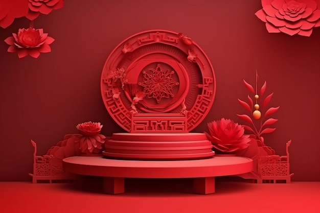 A red chinese style background with a round table and a chinese style table.