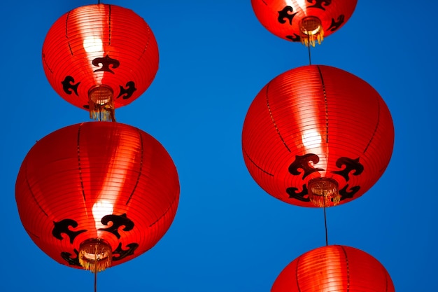 The red Chinese style lanterns are hanging, and the lights are on.