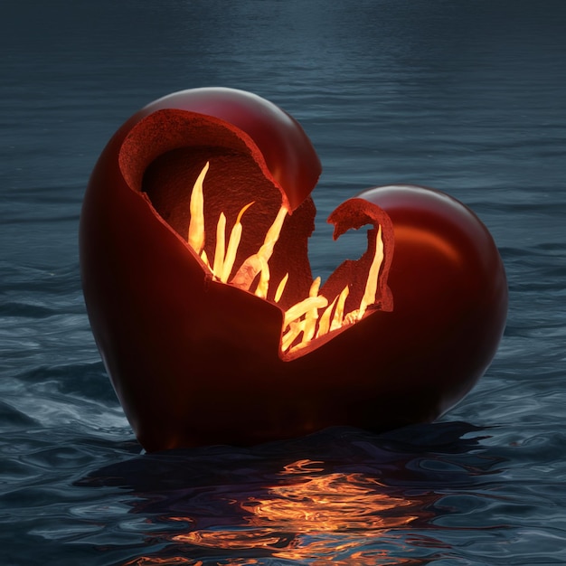 A red chocolate heart with cracks filled with glowing embers