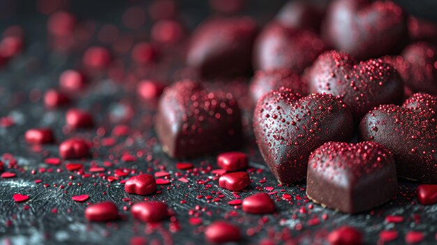 Red chocolate hearts for Valentines day on a dark concrete background