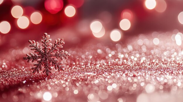 Photo red christmas background with bokeh lights and snowflakes on a white table top