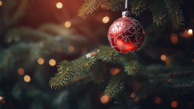 Red Christmas ball on a fir tree and lights at the background Xmas and New Year ambience