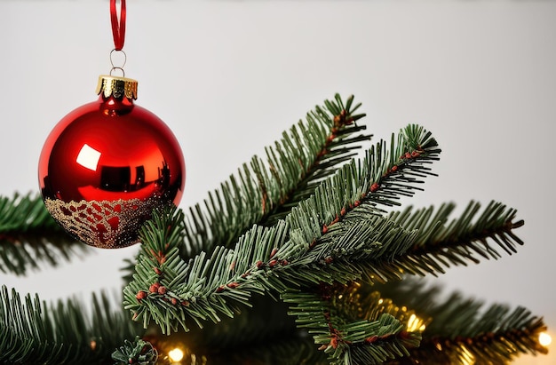 Red christmas ball on a green spruce branch