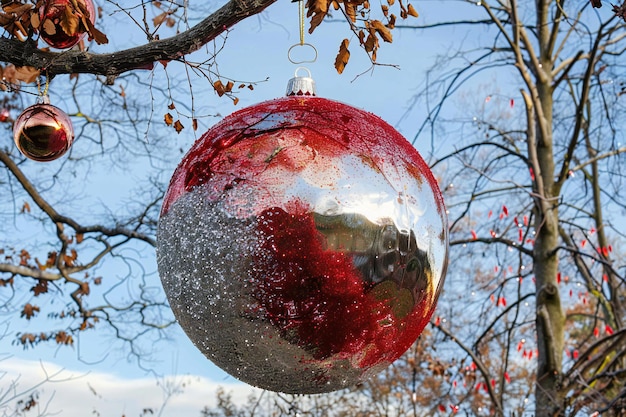 Red Christmas ball hanging on a tree with fallen leaves in the background