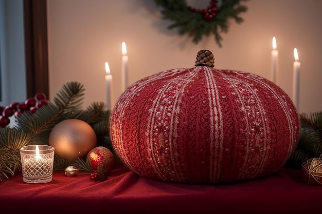 a red christmas ball sits next to a red christmas tree and a red bauble